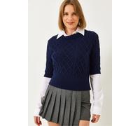 Bianco Lucci Womens Textured Knitwear Crop Sweater with Shirt Collar - Navy - Size Small/Medium