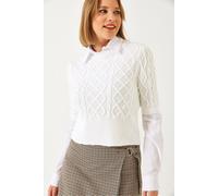 Bianco Lucci Womens Textured Knitwear Crop Sweater with Shirt Collar - White - Size Small/Medium