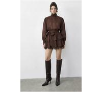 Bianco Lucci Womens Textured Mini Dress with Half Turtleneck and Lace Detail - Mocha - Size Large