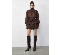 Bianco Lucci Women's Textured Mini Dress with Half Turtleneck & Lace Detail in Dark Brown | Size: Small Bianco Lucci Dark Brown S