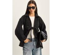 Bianco Lucci Women's Textured Oversized V-Neck Tie Closure Cardigan in Black | Size: Medium Bianco Lucci Black M