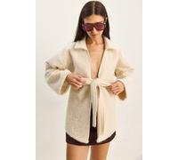 Bianco Lucci Women's Textured Oversized V-Neck Tie Closure Cardigan in Ivory | Size: Large Bianco Lucci Ivory L