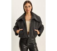 Bianco Lucci Womens Textured Plush Bomber with Zipper Closure - Charcoal - Size Large