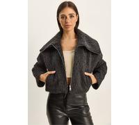 Bianco Lucci Women's Textured Plush Bomber with Zipper Closure in Charcoal | Size: Large Bianco Lucci Charcoal L