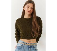 Bianco Lucci Women's Textured Ribbed Crop Sweater with Crew Neck in Khaki Bianco Lucci Khaki One Size
