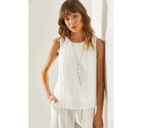 Bianco Lucci Women's Textured Siphon Blouse with Accessory Detail in Off-White | Size: Large Bianco Lucci Off-White L