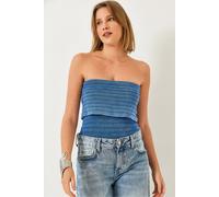 Bianco Lucci Womens Textured Strapless Ribbed Crop Top - Sky Blue - Size Small/Medium