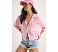 Bianco Lucci Womens Textured Striped Crop Shirt with Button Closure and Pocket - Pink