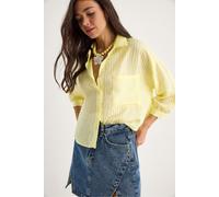 Bianco Lucci Womens Textured Striped Crop Shirt with Button Closure and Pocket - Yellow