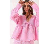 Bianco Lucci Women's Textured V-neck Crop Blouse with Bow Tie in Bright Pink | Size: Large Bianco Lucci Bright Pink L