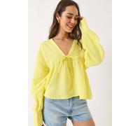Bianco Lucci Women's Textured V-neck Crop Blouse with Bow Tie in Lemon | Size: Large Bianco Lucci Lemon L