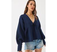 Bianco Lucci Women's Textured V-neck Crop Blouse with Bow Tie in Navy | Size: Medium Bianco Lucci Navy M