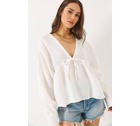 Bianco Lucci Women's Textured V-neck Crop Blouse with Bow Tie in White | Size: Medium Bianco Lucci White M