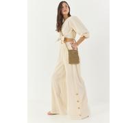 Bianco Lucci Womens Textured V-Neck Long Sleeve Two-Piece Coord Set - Beige - Size Medium