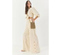 Bianco Lucci Women's Textured V-Neck Long Sleeve Two-Piece Coord Set in Beige | Size: Small Bianco Lucci Beige S