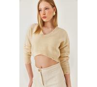 Bianco Lucci Womens Textured V-Neck Loose-Fit Crop Knit Top - Beige - Size Small/Medium