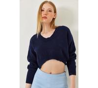 Bianco Lucci Womens Textured V-Neck Loose-Fit Crop Knit Top - Navy - Size Small/Medium