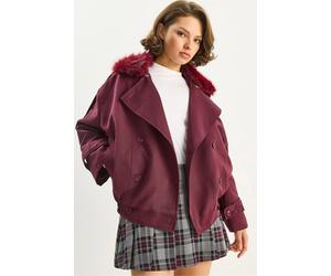 Bianco Lucci Womens Trench Coat with Faux Fur Collar - Burgundy - Size Medium