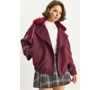 Bianco Lucci Womens Trench Coat with Faux Fur Collar - Burgundy - Size Small