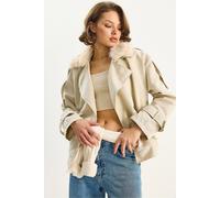 Bianco Lucci Womens Trench Coat with Faux Fur Collar - Stone - Size Medium