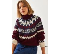 Bianco Lucci Womens Turtleneck Jacquard Knit Sweater - Burgundy - Size Small/Medium