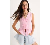 Bianco Lucci Women's V-Neck Crepe Blouse with Bow Tie in Bright Pink | Size: Medium Bianco Lucci Bright Pink M