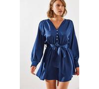 Bianco Lucci Women's V-neck Satin A-Form Midi Dress with Button Closure in Navy | Size: Medium Bianco Lucci Navy M