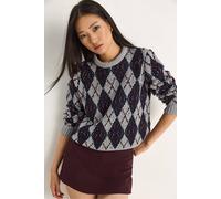 Bianco Lucci Women's Women's Crew Neck Knitted Sweater with Diamond Pattern in Grey Bianco Lucci Grey One Size