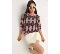 Bianco Lucci Women's Women's Crew Neck Knitted Sweater with Diamond Pattern in Light Pink Bianco Lucci Light Pink One Size