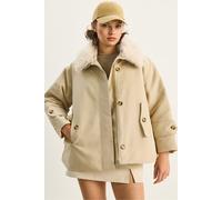 Bianco Lucci Womens Zipper Jacket with Faux Fur Collar - Stone - Size Large