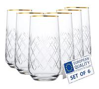Biandeco Crystal Cut Gold Rimmed Highball Glasses Set of 6, Handmade Tall Glass Cups for Cocktail, Long Drink, Water, Juice, Ice Tea, Mojito, 16 oz