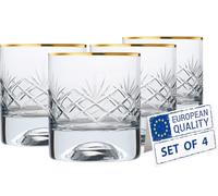 Biandeco Gold Rim Whiskey Glasses Set of 4, Heavy Base Crystal-Cut Rocks Glasses, Premium Lowball Tumbler for Bourbon, Scotch Whiskey, Cocktails, Cognac, 7 oz