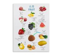 BIANMTSW Bilingual Fruits Chart Chinese and English Poster Educational Tool for Learning Wall-Art for Study Room Framed,12x18inch(30x45cm)
