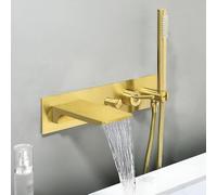 BiaoTeng 2 Function Concealed Waterfall Wall Mounted Bath Tap, Hot and Cold Brass Wall Mounted Waterfall Bath Taps with Shower Attachment Brushed Gold