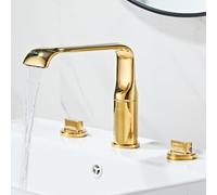 BiaoTeng 2 Handle 3 Hole Bathroom Taps Waterfall, Whit 360 Swivel Separate Controls Hot and Cold Water Brass Deck Mounted Mixer Tap Bathroom Sink for Washbasins Gold