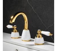 BiaoTeng 3 Hole Basin Mixer Tap Dual Handle, Hot and Cold Brass Modern Bathroom Sink Taps Gold + White