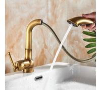 BiaoTeng Antique Brass Mixer Taps for Bathroom Basin 1 Hole 2 Function Hot and Cold Pull Out Bathroom Mixer Basin Tap