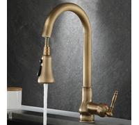 BiaoTeng Antique Brass Pull Out Kitchen Mixer Tap One Hole with 360 Rotatable 3 Functions Hot and Cold Kitchen Sink Taps Mixer with Pull Out Spray