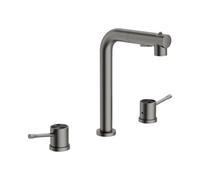 BiaoTeng Basin Mixer Tap with Pull Out Spray 3 Modes 360 Swivel Hot and Cold Brass 3 Hole Bathroom Sink Mixer Tap Dual Lever Grey