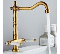 BiaoTeng Bathroom Basin Mixer Taps 1 Hole Dual Lever with 360 Rotatable Hot and Cold Bathroom Sink Mixer Tap Retro Brass