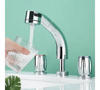 BiaoTeng Bathroom Sink Taps for Three Hole Double Handle 2 Functions with 360 Rotatable Hot and Cold Brass Basin Mixer Tap with Pull Out Spray Chrome