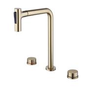 BiaoTeng Bathroom Sink Taps with Pull Out Spray 2 Functions Hot and Cold Brass 3 Hole Basin Mixer Tap 2 Handle Brushed Gold High