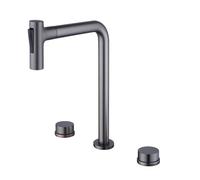 BiaoTeng Bathroom Sink Taps with Pull Out Spray 2 Functions Hot and Cold Brass 3 Hole Basin Mixer Tap 2 Handle Grey High