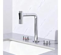 BiaoTeng Bathroom Sink Taps with Pull Out Spray 2 Functions Hot and Cold Brass 3 Hole Basin Mixer Tap 2 Handle Chrome