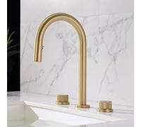 BiaoTeng Bathroom Sink Taps with Pull Out Spray 2 Functions Hot and Cold Brass Bathroom Sink Taps for Three Hole 2 Handle Brushed Gold