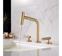 BiaoTeng Bathroom Sink Taps with Pull Out Spray 2 Functions Hot and Cold Brass Bathroom Sink Taps Mixers 3 Hole 2 Handle Brushed Gold