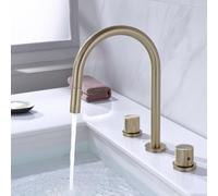 BiaoTeng Bathroom Sink Taps with Pull Out Spray 2 Functions Hot and Cold Brass Mixer Tap Bathroom Sink 3 Hole 2 Handle Brushed Gold