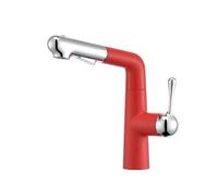 BiaoTeng Bathroom Tap with Pull Out Hose 360 Swivel 3 Mode Hot and Cold Brass Single Hole Bathroom Sink Tap Red + Chrome