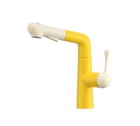BiaoTeng Bathroom Tap with Pull Out Hose 360 Swivel 3 Mode Hot and Cold Brass Single Hole Bathroom Sink Tap Yellow + Milk White
