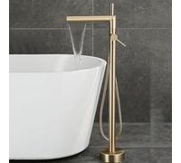 BiaoTeng Brushed Gold Freestanding Bath Tap with Handheld Shower with 360 Rotatable Hot and Cold Waterfall Bath Mixer Taps with Shower Brass Single Handle